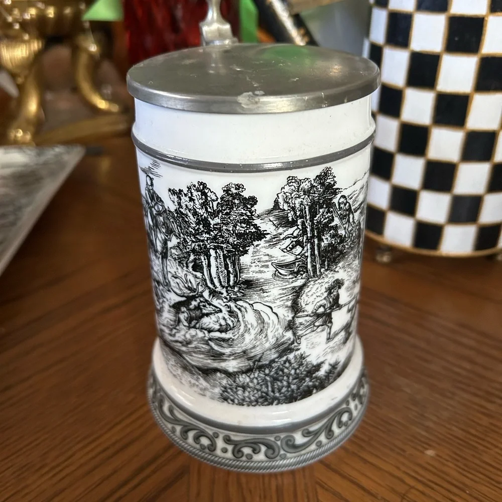 Vintage White Milk Glass German Beer Stein Mug with Pewter Lid